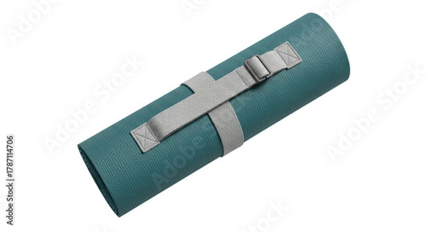 Fototapeta Rolled up teal yoga mat secured with strap for exercise, health, and fitness isolated PNG with Transparent Background