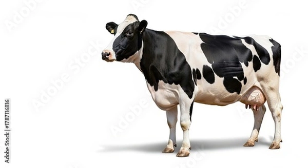 Obraz Black and White Cow Standing Against a White Background