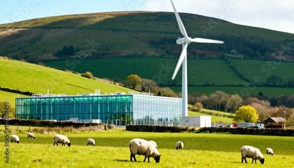 Obraz Sustainable Energy: A Modern Structure's Integration with Nature, Demonstrating Commitment to Environmental Responsibility. A striking modern building stands in harmony with its natural surroundings.