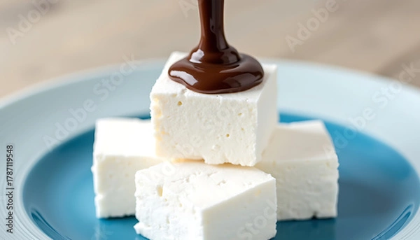 Fototapeta Marshmallows with Dripping Chocolate Sauce on Blue Plate