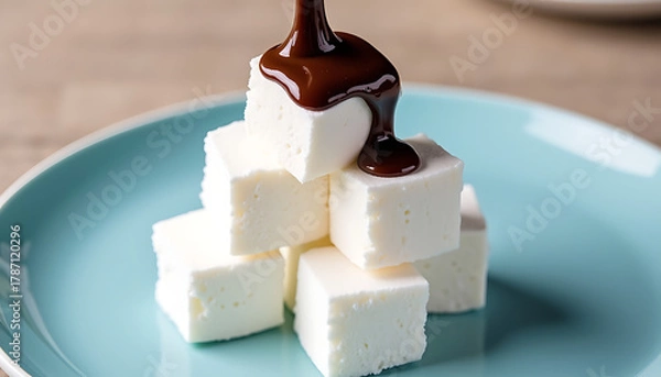 Fototapeta Marshmallows with Dripping Chocolate Sauce on Blue Plate