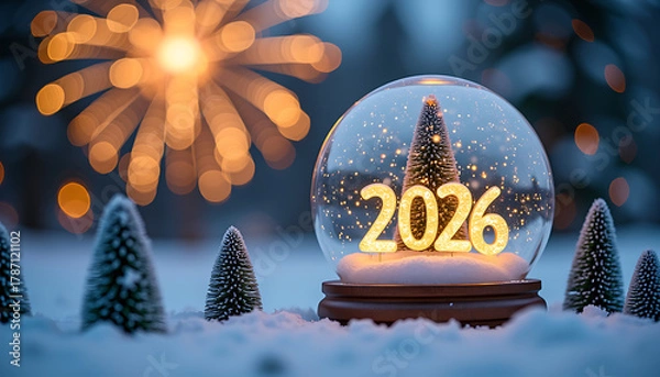 Fototapeta Snow Globe with 2026 Illuminated and Winter Trees at Night 