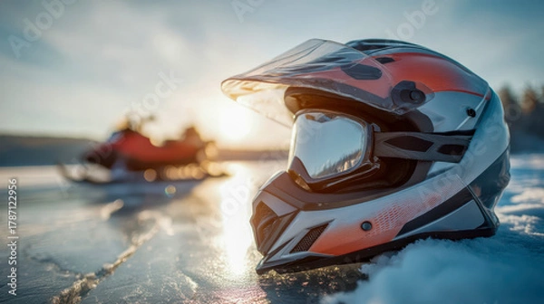 Fototapeta Winter snowmobile helmet with tinted visor on frozen lake surface at sunset, extreme cold weather adventure scene