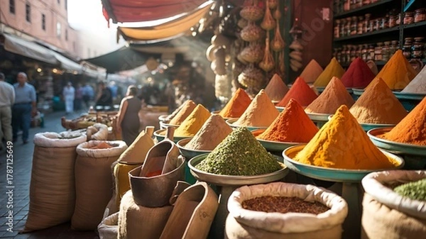 Fototapeta Aromatic Spices in Rich Colors at Busy Marketplace in Morocco photo