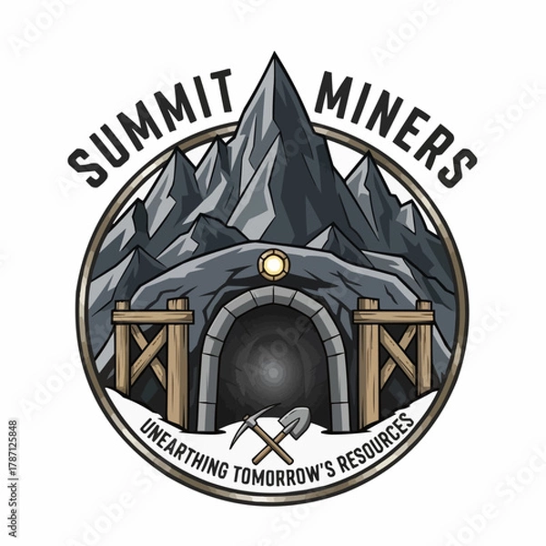 Obraz Summit Miners logo with mountains mine entrance and tools.