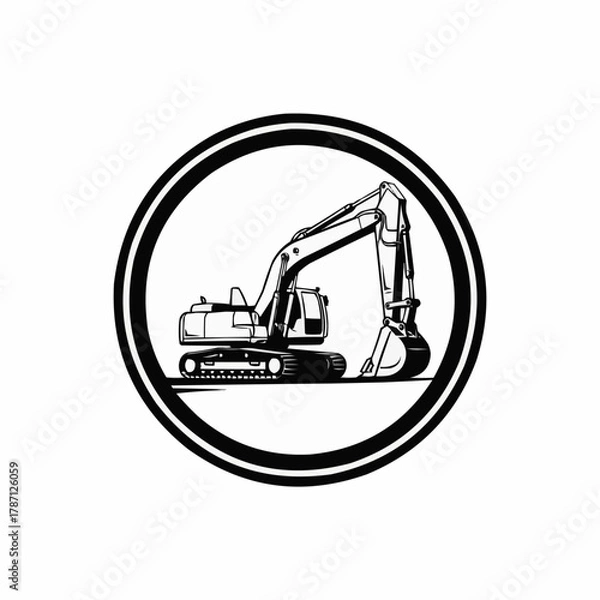 Fototapeta Monochrome illustration of a powerful excavator for construction and earthmoving tasks.
