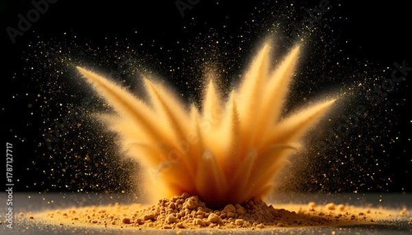 Fototapeta Yellow Powder Explosion with Dynamic Dust Particles Against Black Background