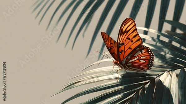 Fototapeta Beautiful monarch butterfly, an orange insect, flying close-up on a flower in a summer garden