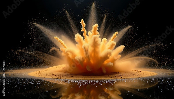 Fototapeta Yellow Powder Explosion with Dynamic Dust Particles Against Black Background