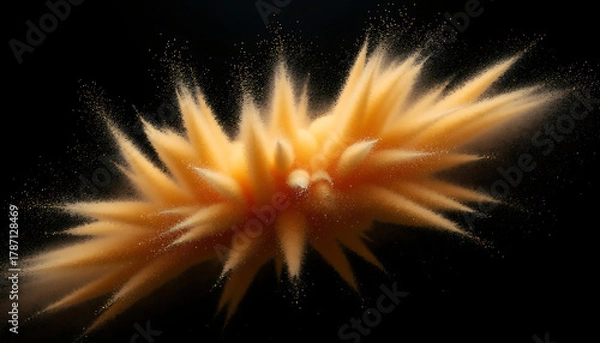 Fototapeta Yellow Powder Explosion with Dynamic Dust Particles Against Black Background