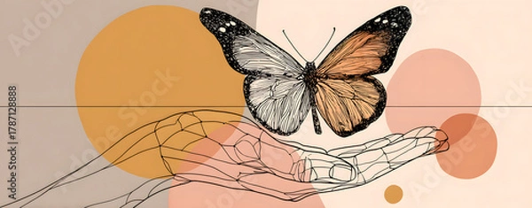 Fototapeta Beautiful colorful butterfly insect with delicate wings resting on a human hand in the summer nature