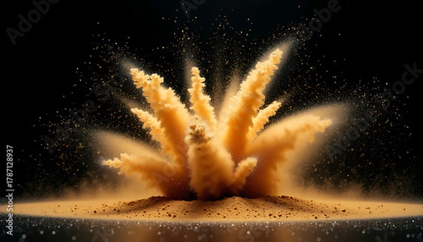 Fototapeta Yellow Powder Explosion with Dynamic Dust Particles Against Black Background