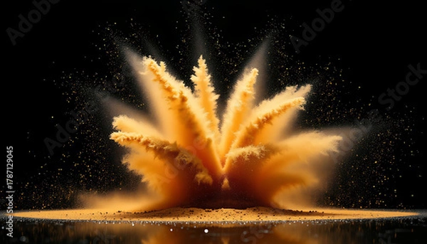 Fototapeta Yellow Powder Explosion with Dynamic Dust Particles Against Black Background
