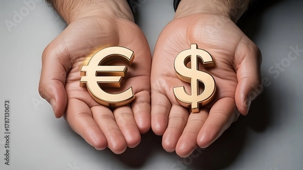 Fototapeta Hands holding euro and dollar symbols representing financial choice photo