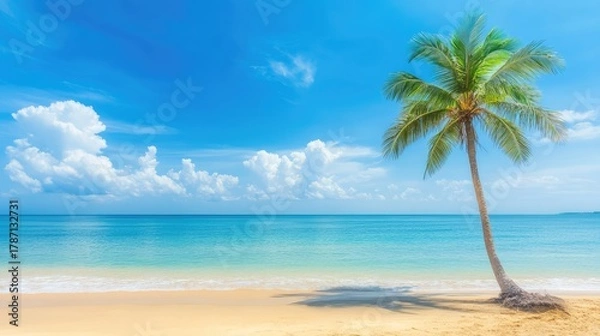 Obraz Idyllic beach scene with a single palm tree and clear skies, perfect for summer vacation dreams and tropical relaxation