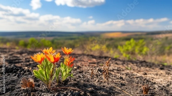 Obraz Scorched landscape with new orange plant growth, showing contrast between destruction and the will to regenerate