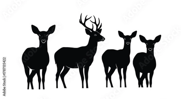Obraz Elegant deer silhouette family group isolated on white background