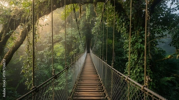 Fototapeta Serene rainforest walk across wooden suspension bridge surrounded by greenery photo