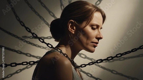 Fototapeta Strong visual of woman with chains representing emotional burden photo