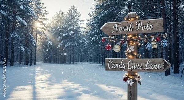 Obraz A festive wooden signpost pointing to the North Pole and Candy Cane Lane in a snowy winter forest.