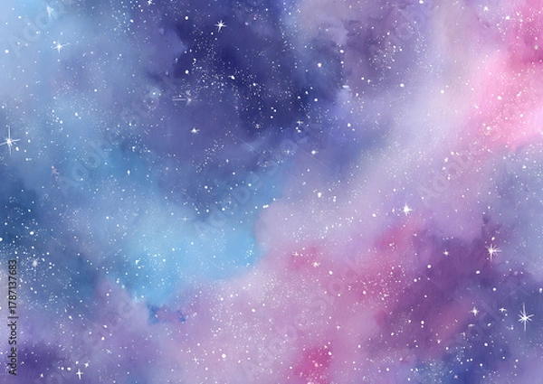 Fototapeta Fantasy watercolor starry sky background with glowing purple and blue tones, glittering stars, and soft pink clouds in dreamy celestial atmosphere.