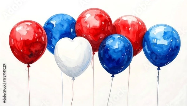 Fototapeta Watercolor rendering of festive balloons in red, white, and blue