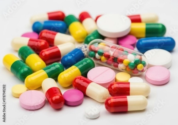 Fototapeta Colorful assortment of pills capsules and tablets