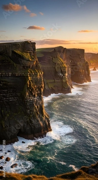 Fototapeta Dramatic cliffs of moher at sunset with crashing waves
