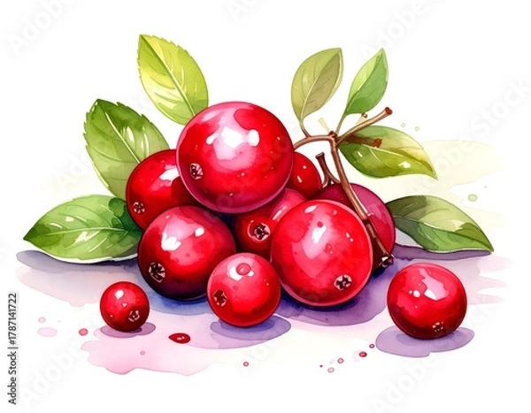 Fototapeta Watercolor rendering of vibrant red berries with green leaves