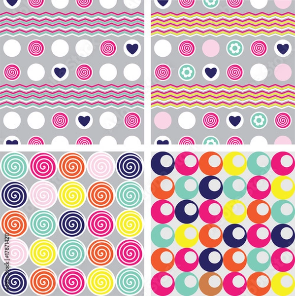 Fototapeta Set of colorful  abstract  seamless patterns. Pastel color grey pink turquoise yellow patterns with swirls, circles, hearts, dots and zigzags. Retro, groovy, girly
