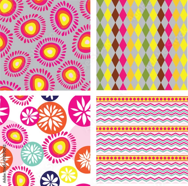 Fototapeta Set a four vibrant colourful abstract geometric patterns with circles flowers zigzag dots in pink, yellow, purple, grey, orange and brown, cheerful retro and groovy