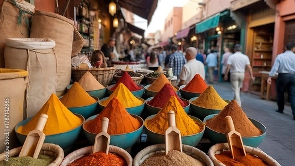 Fototapeta Vibrant spices in traditional bowls creating a colorful market display photo