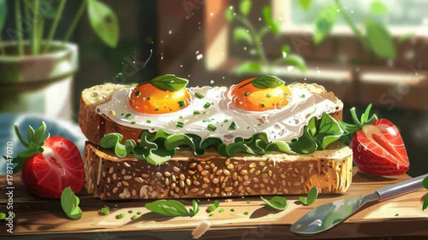 Fototapeta Fried egg sandwich with lettuce and fresh strawberries wooden table