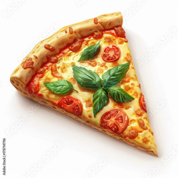 Fototapeta Slice of pizza with tomato and basil leaves on melted cheese