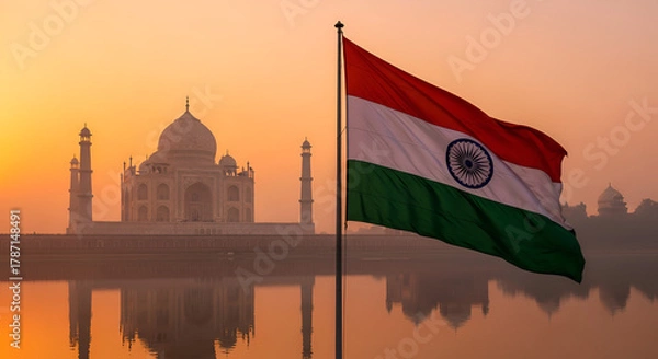 Fototapeta Iconic Taj Mahal stands silhouetted against fiery sunset, with fluttering Indian flag and serene reflection on the river.