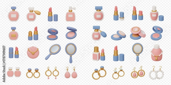 Obraz A collection of 3D rendered cosmetic products and elegant jewelry items including perfume bottles, lipsticks, compacts, mirrors, rings, and earrings in a pastel color palette.