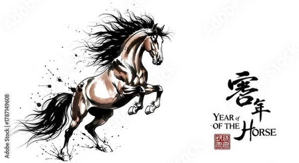 Fototapeta Ink painting of horse with year of the horse text