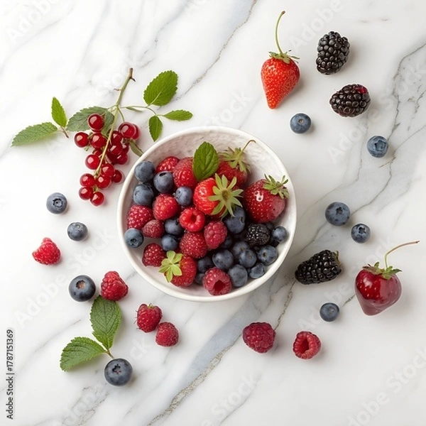 Fototapeta mixed Red & Blue berries on white marble background