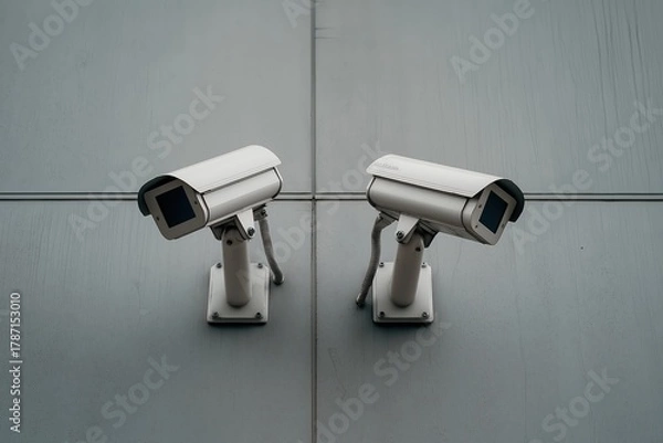 Fototapeta Overhead shot of two surveillance cameras on an industrial building's wall,  representing advanced security systems for urban and commercial applications.