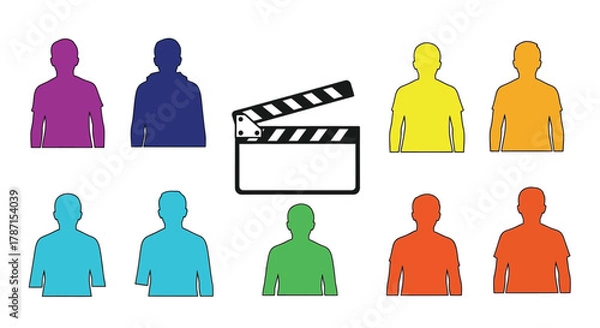 Fototapeta Diverse colorful team with film slate ready to make movie magic