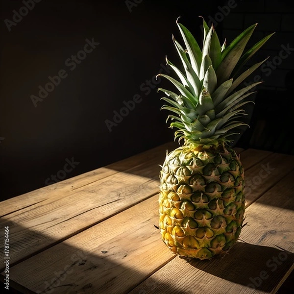 Obraz Whole ripe pineapple placed on rustic wooden table under warm lighting