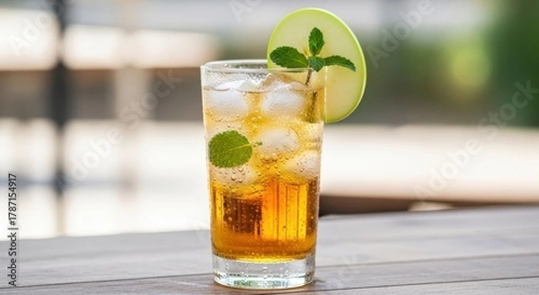 Fototapeta A refreshing amber-colored drink with ice, mint, and a green apple slice in a tall glass.