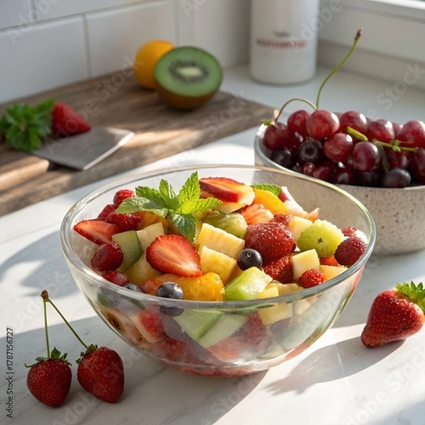 Fototapeta Colorful Fruit Salad in Glass Bowl – Fresh and Healthy Breakfast