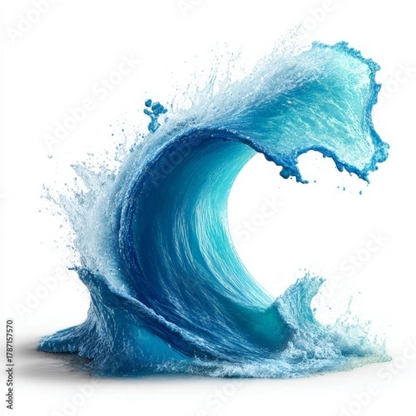 Obraz Dynamic Ocean Wave Crashing with Splashing Water Droplets Against White Background