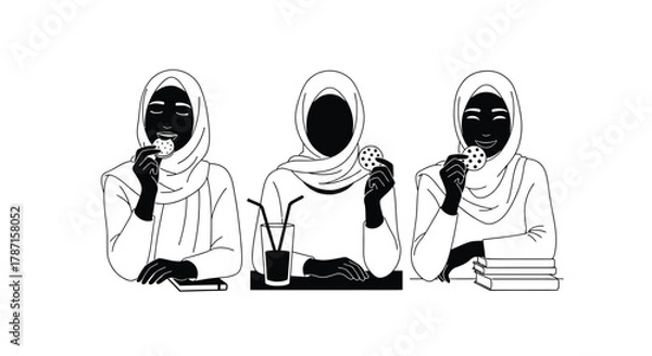 Fototapeta Enjoy a cookie break with diverse Muslim women in colorful hijabs