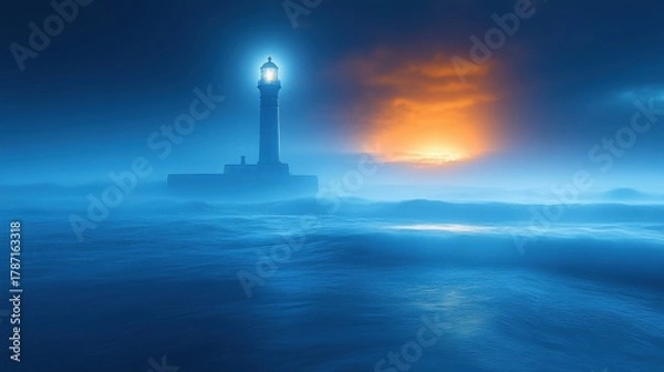 Fototapeta A lighthouse stands tall on rocky shoreline at sunset, casting a warm glow over tranquil waters and illuminating coastal landscape