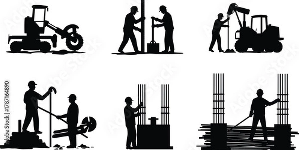 Obraz Construction workers installing steel reinforcement bars and concrete columns on building site using heavy machinery and tools for structural foundation work