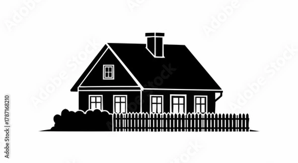 Fototapeta Silhouette of a Charming House with a Picket Fence and Chimney.