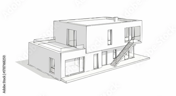 Fototapeta Modern Architectural Sketch of a Two-Story House with Clean Lines.