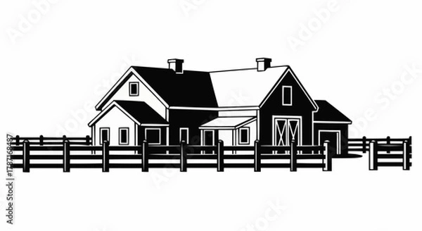 Fototapeta Monochrome Farmhouse Illustration with Picket Fence in Rural Setting.